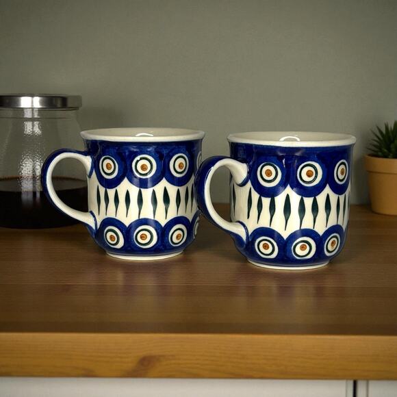 Boleslawiec Polish Pottery Peacock Mugs Pair of 2 Handmade Stoneware - Picture 1 of 9